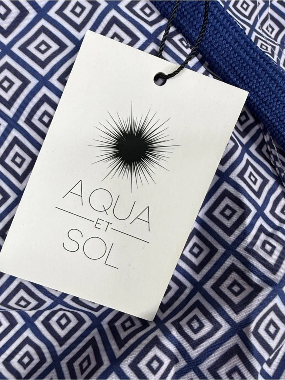 Aqua et Sol Men's Swim Trunks 38 Blue White Geometric Mesh Lined NWT USA